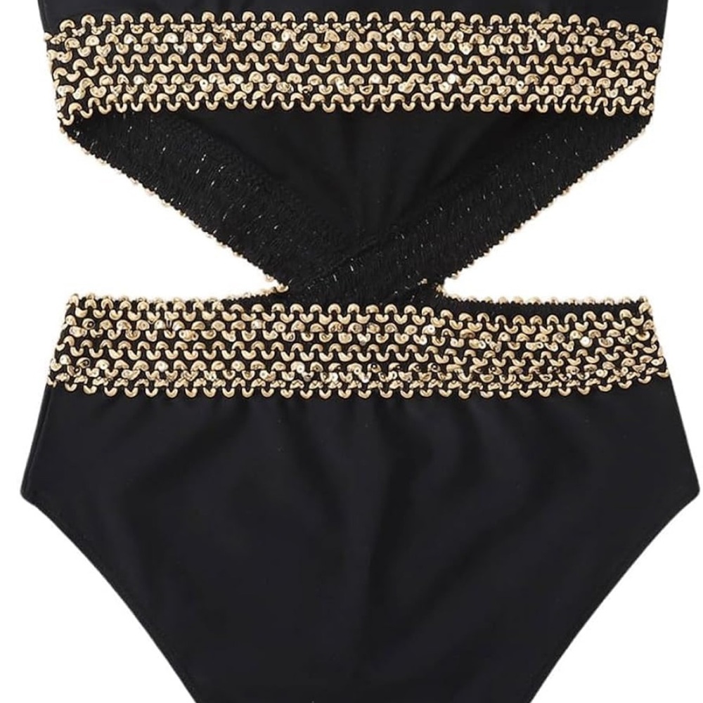 Strapless Black One-Piece Swimsuit with Gold Chain Accents - Picture 2 of 6